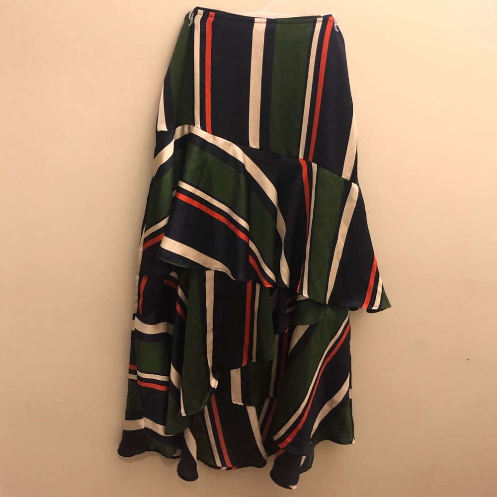 Asymmetric ruffle striped midi skirt